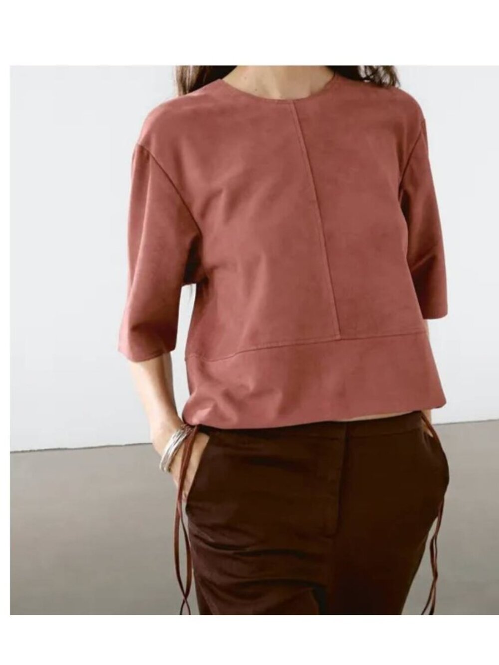 Massimo Dutti Womens Suede Blouse Top Pink Small with ties 5329/969 NWD